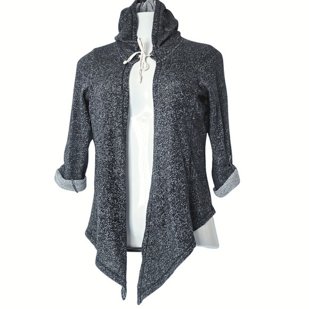 Black and Gray High Low Open Front Hooded Sweatshirt Cardigan Sweater M